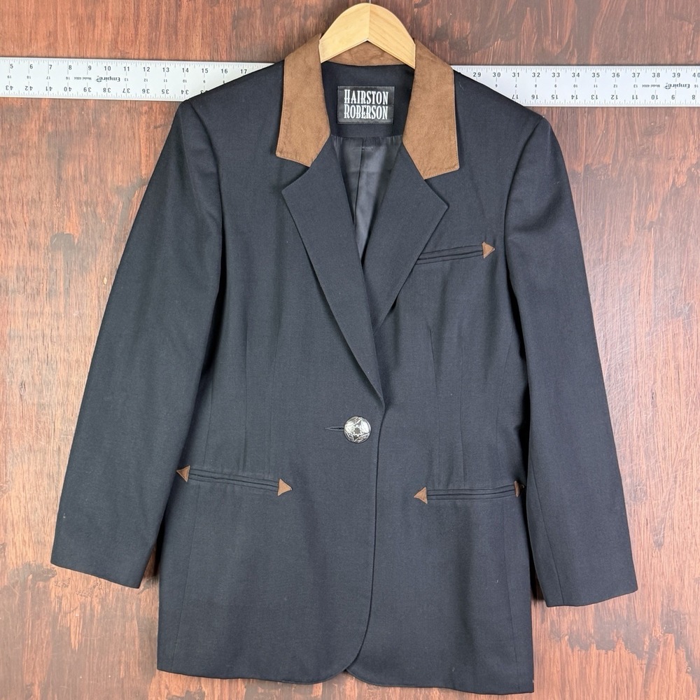 Hairston Roberson Wool Blazer Vintage‎ 80s Southwestern Women's 14 Black Brown